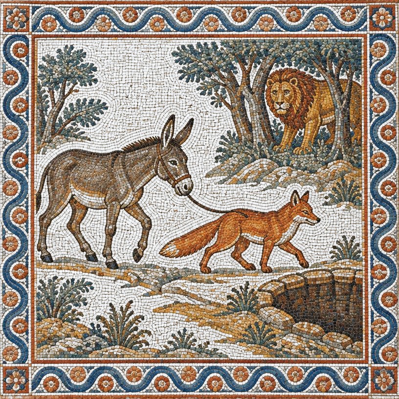 Mosaic of The Ass, the Fox, and the Lion