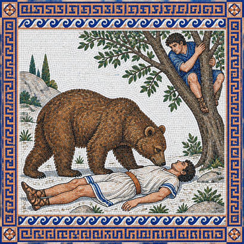 Mosaic of The Bear and the Two Travelers