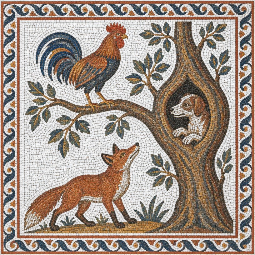 Mosaic of The Dog, the Cock, and the Fox